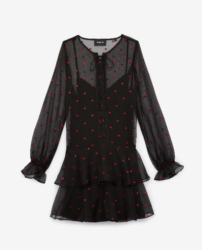 The Kooples Schwarzes Kurzes Kleid Mit Herzmotiven In Black/red