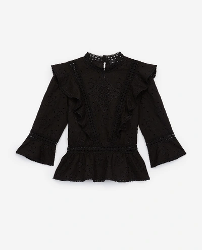The Kooples Long-sleeved Black Embroidered Top W/peplum