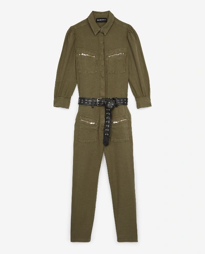 The Kooples Flowing Khaki Jumpsuit With Zipped Pockets In Kaki