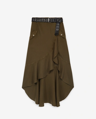 The Kooples Khaki Long Asymmetrical Skirt With Belt In Kaki
