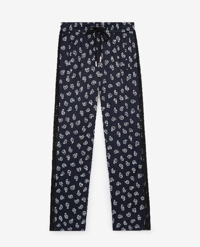The Kooples Sport Flowing Printed Trousers With Blue Logo Trim In Navy