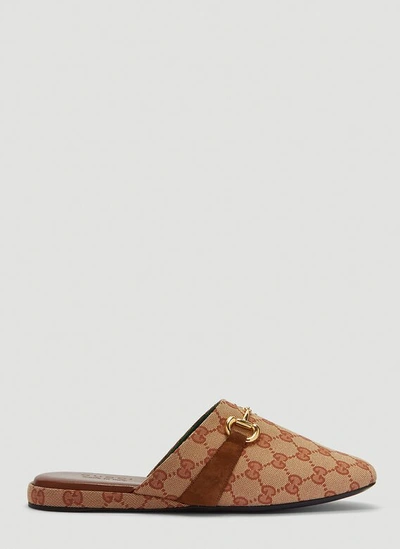 Gucci Pericle Horsebit Suede-trimmed Monogrammed Canvas Slippers In Beige Multi