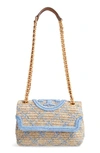 Tory Burch Small Fleming Straw Crossbody Bag In Natural/ Bluewood