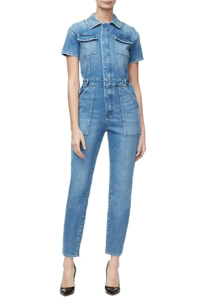 Good American Fit For Success Flared-leg Stretch-denim Jumpsuit In Mid Blue