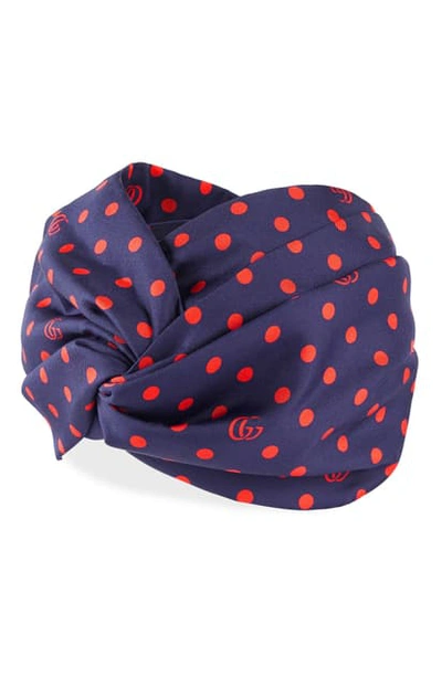 Gucci Dots Knotted Headband In Sapphire/ Red