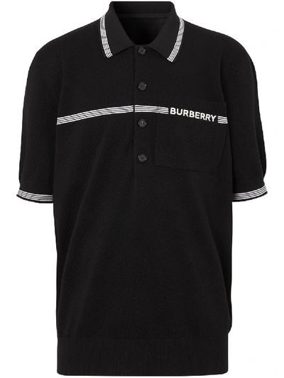 Burberry Wool Knitted Pique Polo With Stripe Detail And Embroidery In Black