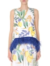 La Doublej La Scala Printed Feather-trimmed Cotton-blend Top In Multicolor