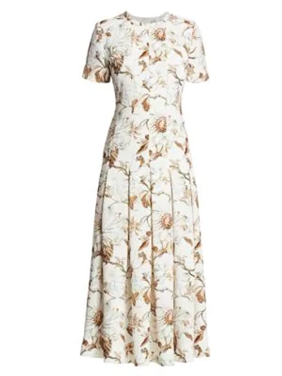 Oscar De La Renta Floral Pleated Belted Midi Dress In Ivory