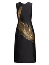 OSCAR DE LA RENTA Embroidered Metallic Feather Silk Sheath Dress