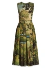 OSCAR DE LA RENTA Landscape-Print Silk Pleated Sleeveless Belted Midi Dress