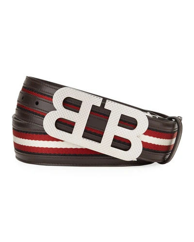 Bally Men's Mirror Bb Stripe Leather Textile Belt In Black