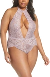 Oh La La Cheri Plunge Keyhole Lace Teddy In Mauve Shadows