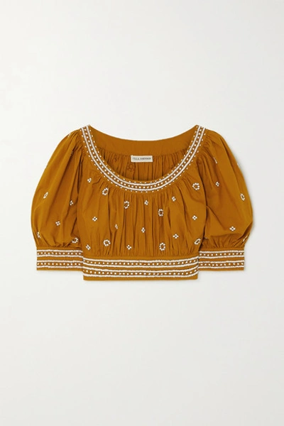 Ulla Johnson Zola Cropped Bead-embellished Cotton Top In Mustard