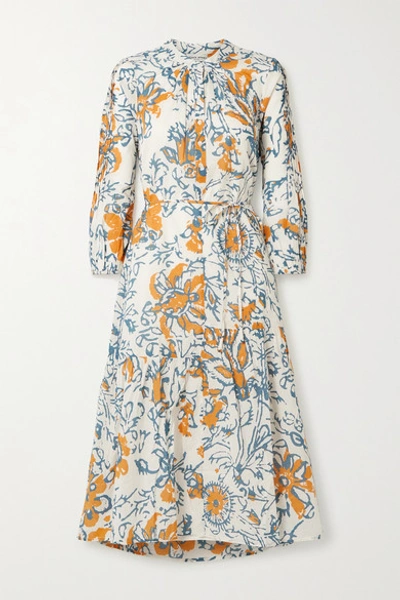 Apiece Apart Esperance Belted Floral-print Organic Cotton-gauze Midi Dress In Blue