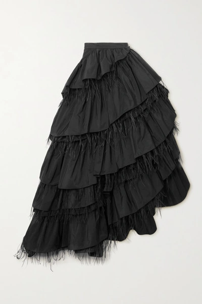 Dries Van Noten Shiloh Asymmetrical Tiered Taffeta & Feather Maxi Skirt In Black