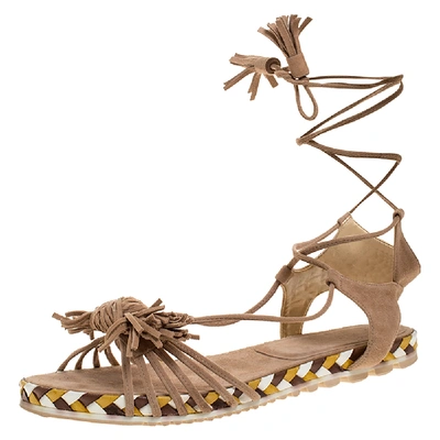 Pre-owned Stuart Weitzman Beige Suede Fringe Knot Ankle Tie Up Sandals Size 38
