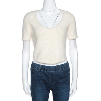 Pre-owned Dior Christian  Boutique Cream Angora And Alpaca Wool Blend Fuzzy Crop Top L