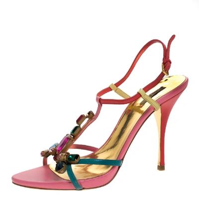 Pre-owned Miu Miu Multicolor Gems Embellished Leather T- Strap Sandals Size 39
