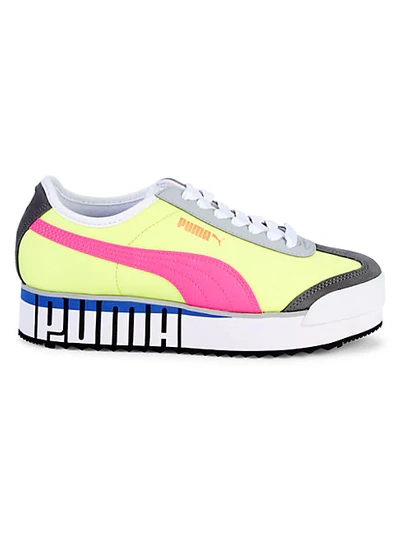 Puma Roma Amor Logo Platform Sneakers In Yellow,neon Pink