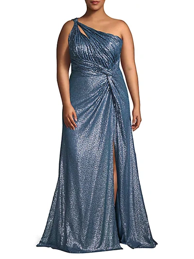 Rene Ruiz Collection Plus Embellished One-shoulder Gown In Slate Blue