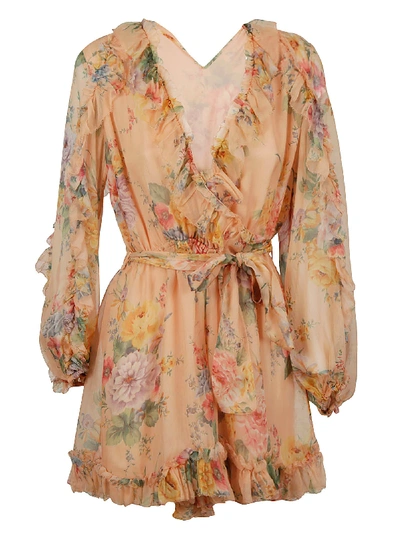 Zimmermann Zinnia Wrap-effect Floral-print Silk-georgette Playsuit In Multicoloured