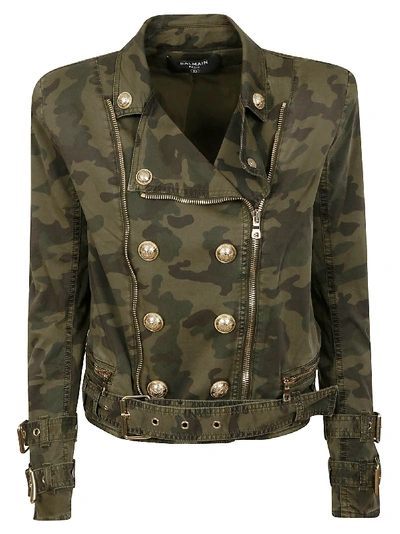 Balmain Double-breasted Camouflage Zip Jacket In Green