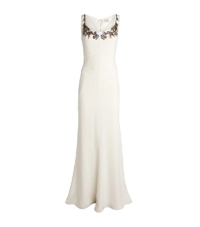 Alexander Mcqueen Embellished Neck Crepe Sheath Gown In Light Ivory