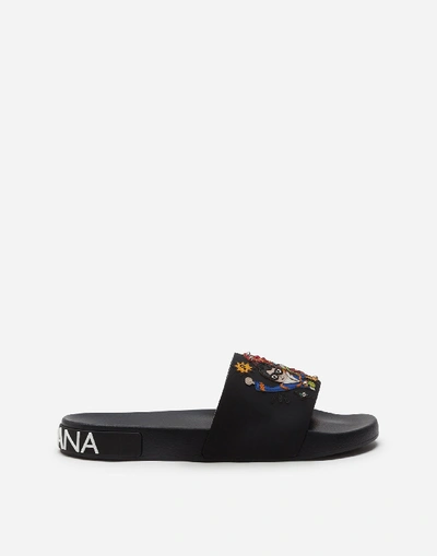 Dolce & Gabbana Rubber Beachwear Sliders With Stylist Patches In Black
