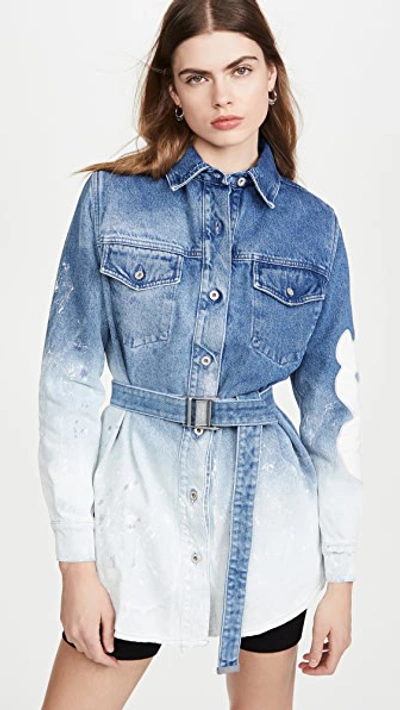 Off-white Bleached Denim Belted Dress In Blue