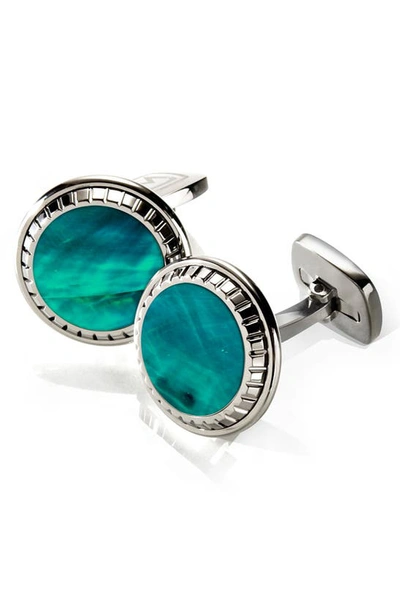 M-clipr Abalone Cuff Links In Stainless Steel/ Teal