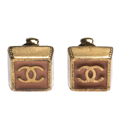 Pre-owned Chanel Cc Pink Enamel Gold Tone Clip-on Earrings