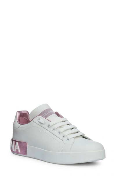 Dolce & Gabbana Portofino Platform Sneaker In White/ Pink