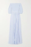 ALEXANDER MCQUEEN OFF-THE-SHOULDER RIBBED-KNIT AND CREPE DE CHINE GOWN
