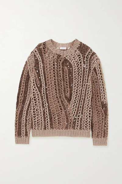 Brunello Cucinelli Opera Sequin-embellished Open-knit Cotton-blend Sweater In Camel