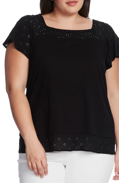 Vince Camuto Eyelet Detail Short Sleeve Cotton Blend Layered Top In Rich Black