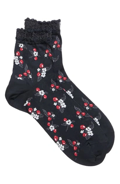 Anna Sui Cherry Crew Socks In Black Multi