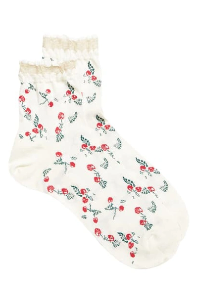 Anna Sui Cherry Crew Socks In Cream Multi