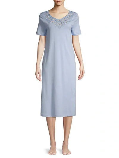 Hanro Aurelia Floral Embroidery Cotton Sleep Gown In Dreamy Blue