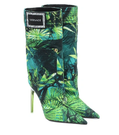 Versace Jungle Print Stiletto Boots In Green