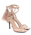 VALENTINO GARAVANI UPFLAIR 100 FEATHER-TRIMMED LEATHER SANDALS,P00462650