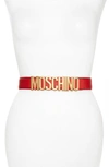 Moschino Logo Plate Leather Belt In Red/ Gold