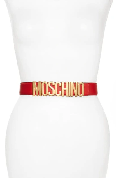 Moschino Logo Plate Leather Belt In Red/ Gold