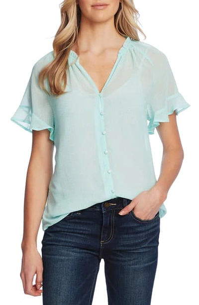 Vince Camuto Ditsy Floral Ruffle Cuff Chiffon Blouse In Aqua Ice