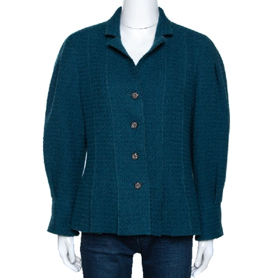 Pre-owned Chanel Teal Blue Wool Tweed Paneled Jacket L