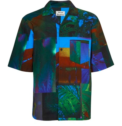 Acne Studios Short-sleeve Botanical-print Shirt Navy/green In Blue