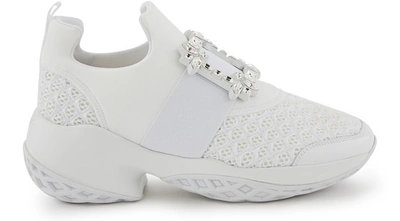 Roger Vivier Viv' Run White Trainers In Technical Fabric With Rhinestone Buckle In Bianco
