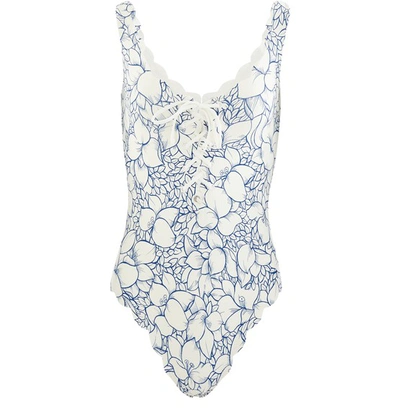 Marysia Broadway Scalloped Floral-print Stretch-crepe Halterneck Swimsuit In Blue