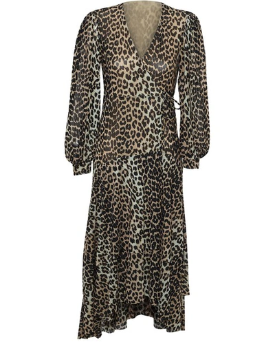Ganni Long Leopard Print Dress In Brown