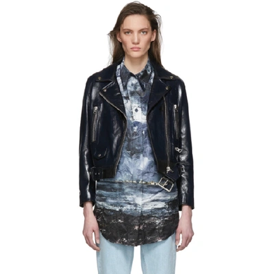 Acne Studios Black Leather Cropped Jacket In Ink Blue