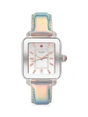 MICHELE Deco Sport Stainless Steel, Topaz & Iridescent Smooth Leather Strap Watch